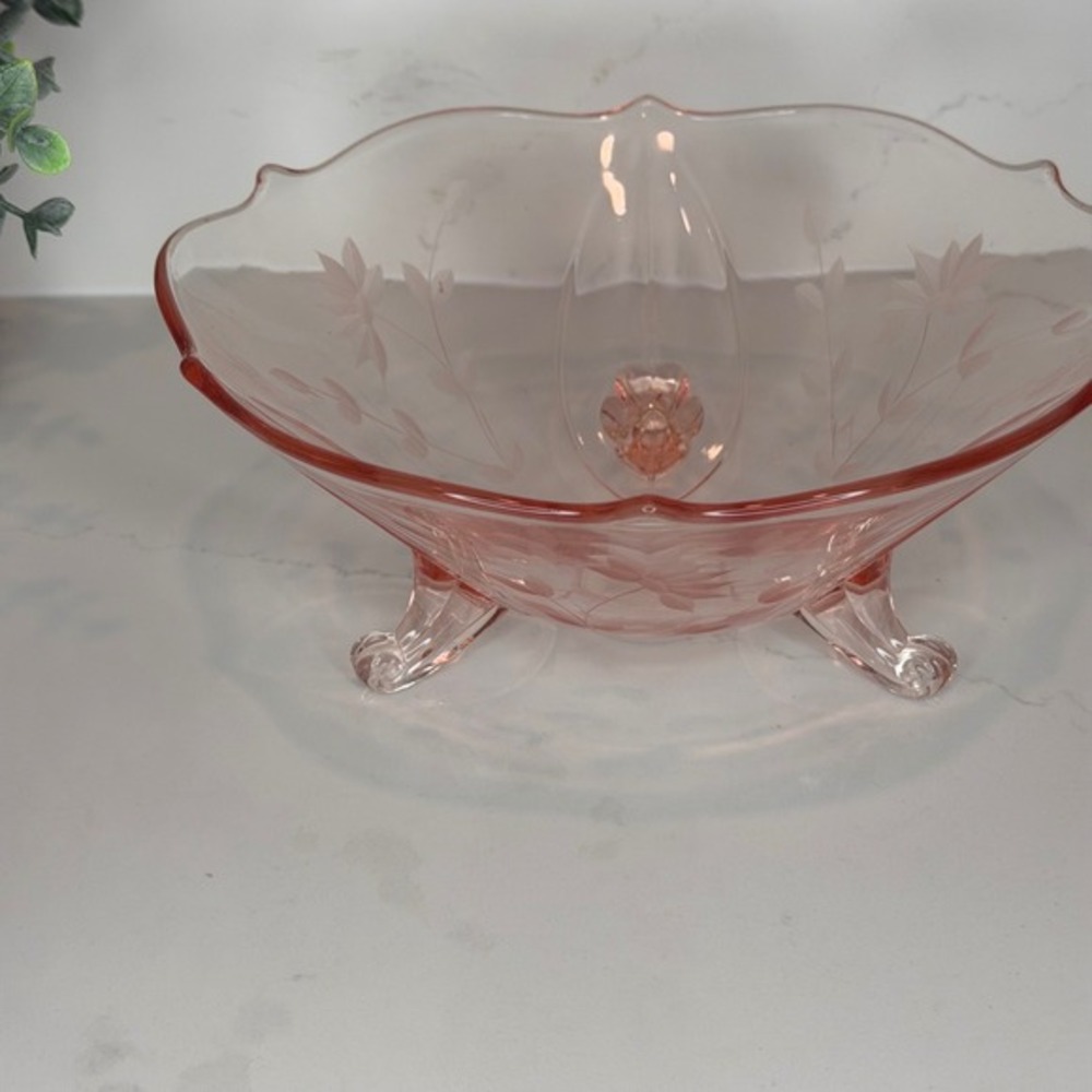 Lancaster Glass Jubilee‎ Pattern Three-Footed Bowl Etched Floral Design - Picture 6 of 9